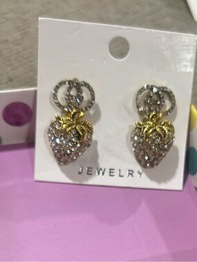 Crystal like Strawberry Drop Earrings with Gold Leaves - Women's Jewelry